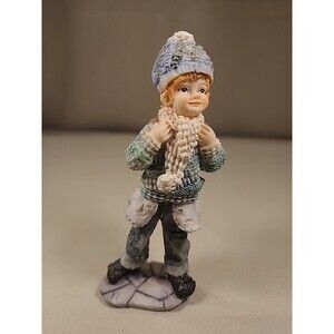 Little Boy In Winter Figurine With Sweater Patched jeans Hat Backpack Vintage